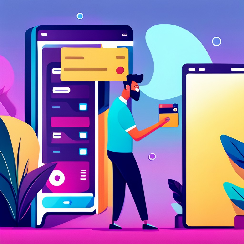 a stylized bright image of a guy using a credit card on his mobile