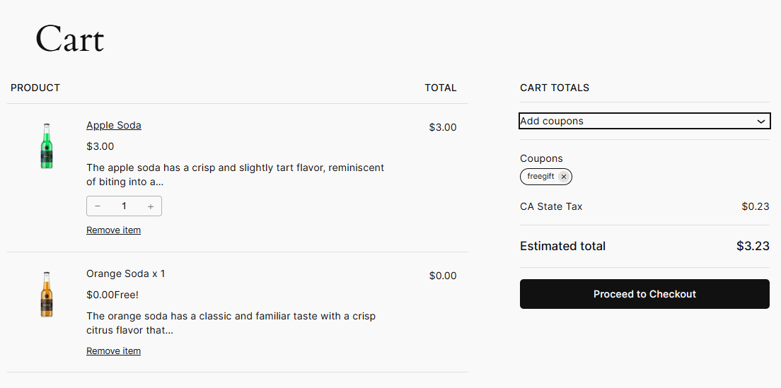 A WooCommerce cart showing a gift product with "Free!" displayed in the price and subtotal columns