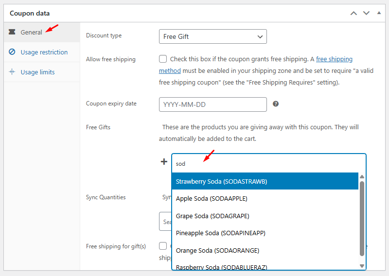 The Free Gifts product search field in the WooCommerce Coupon data panel showing search results for a product name