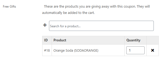 The Free Gifts table in the WooCommerce Coupon data panel showing a product row with ID, Product name, Quantity field, and a remove button