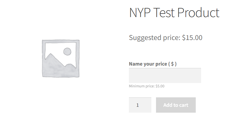 WooCommerce product page with a Name Your Price field showing a suggested price of .00 displayed above an empty price input