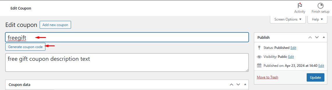 The WooCommerce coupon code field with a custom code entered and the Generate coupon code button visible