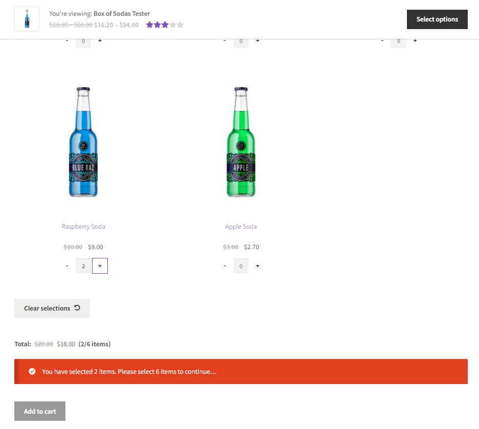 Mix and Match product page showing a running total price updating as child products are selected