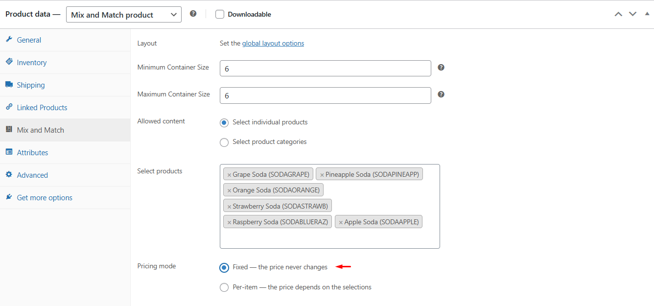 WooCommerce product editor showing the Mix and Match tab with Pricing mode set to Fixed