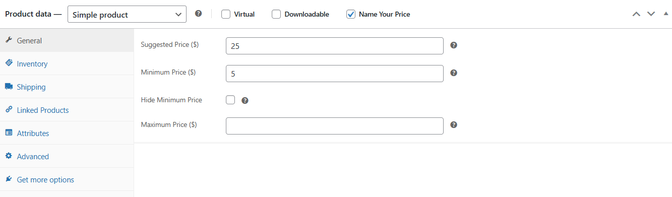 Name Your Price price fields in the WooCommerce product data panel, showing Suggested Price at  and Minimum Price at 