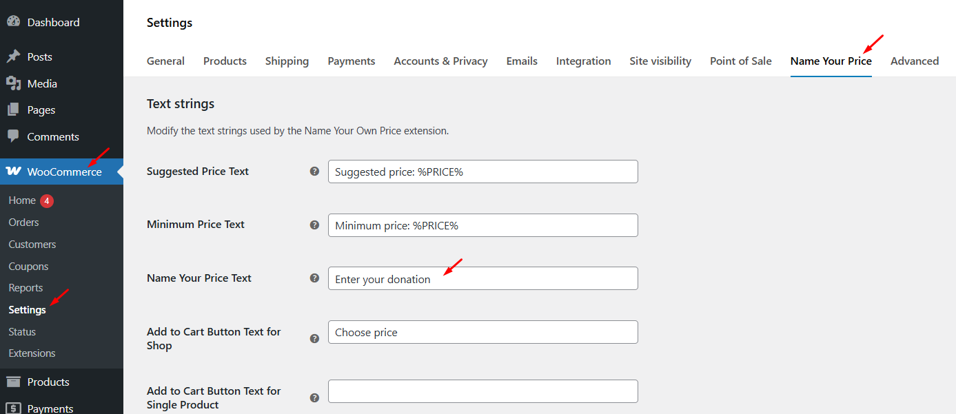 WooCommerce Name Your Price settings page showing the Name Your Price Text field set to "Enter your donation"