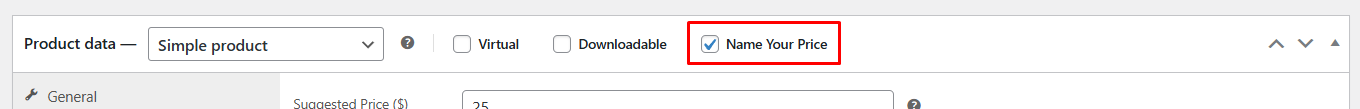 WooCommerce product data panel with the Name Your Price checkbox checked in the product type options row