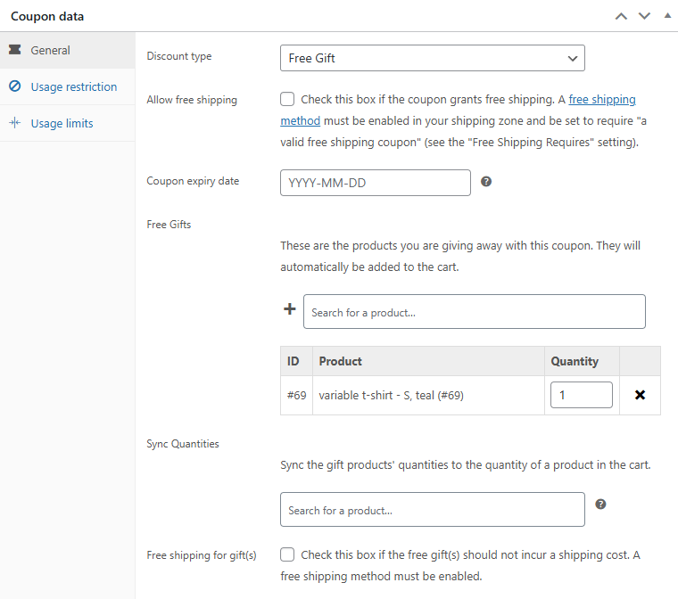 Free Gifts field in the coupon editor showing a fully-defined variation — "variable t-shirt – S, teal" — with both attributes locked into a single specific variation
