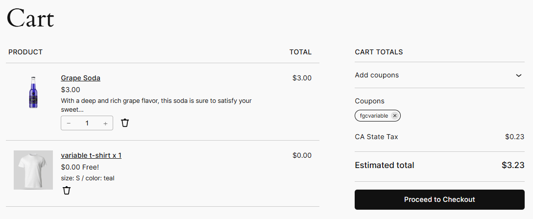 Cart page showing a fully-defined gift t-shirt listed at zero dollars as size S and color teal, with no Choose options button, next to a paid Grape Soda item