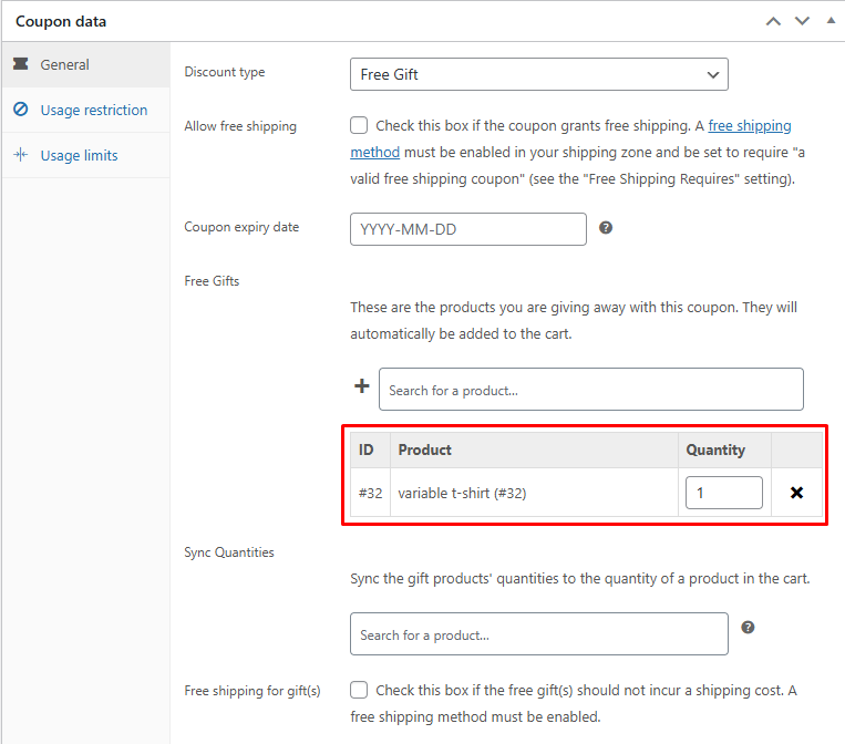 Free Gifts search field with the parent variable product selected, showing no specific attributes in the gift row