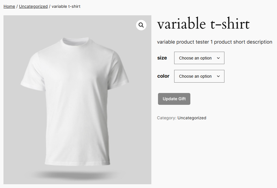Product page showing variation dropdowns and an Update Gift button in place of Add to Cart