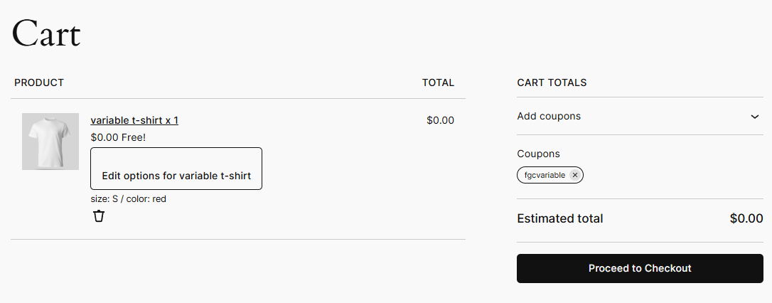 Cart row showing a free gift t-shirt with size and color attribute selectors rendered inline below the product name