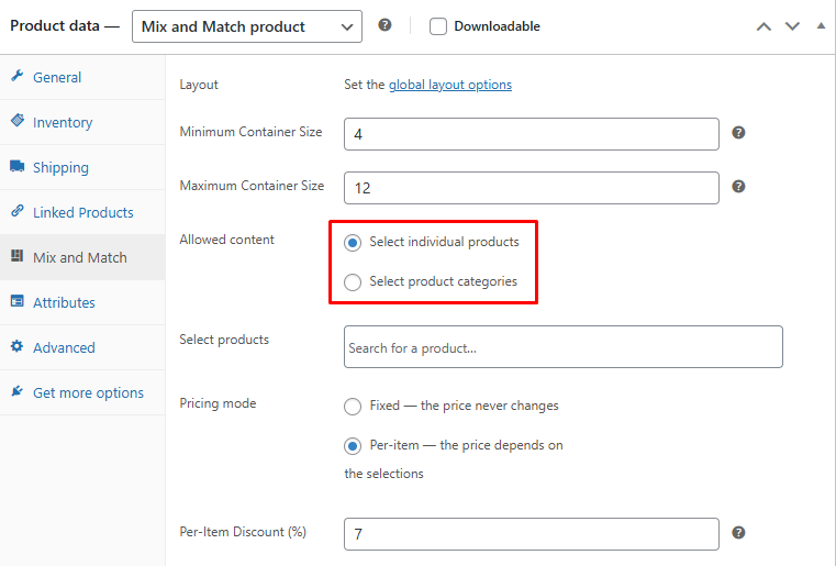 The Allowed content field in the Mix and Match tab, showing the two radio options Select individual products and Select product categories