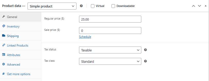 Regular price field on a WooCommerce Simple product set to $25.00