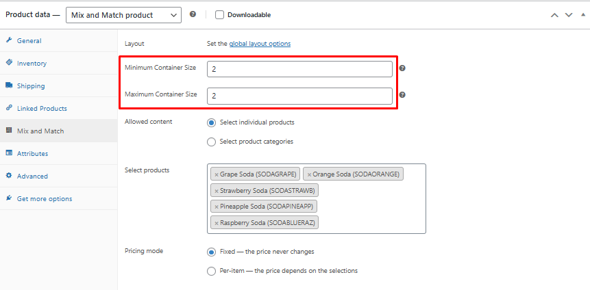 The Minimum Container Size and Maximum Container Size fields in the Mix and Match tab, both set to 2