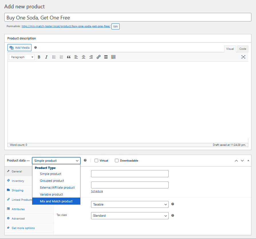 The product type dropdown in WooCommerce showing Mix and Match Products selected