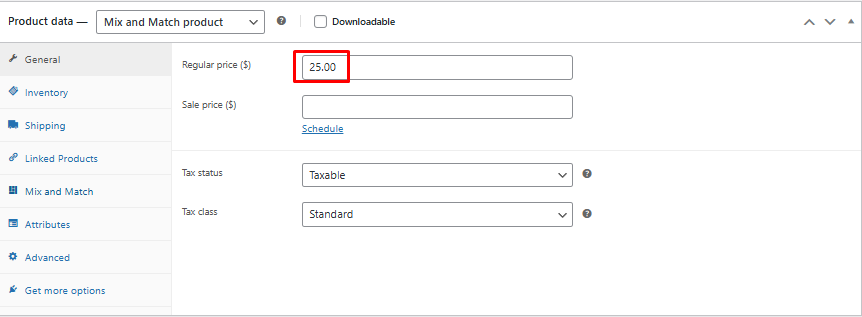 The Regular price field on the Mix and Match product set to .00