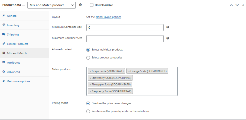 The Select products field in the Mix and Match tab with one product added to the list