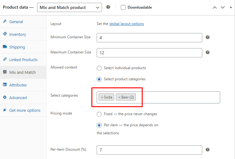 The Select categories sub-picker with two categories selected and appearing as pill tags