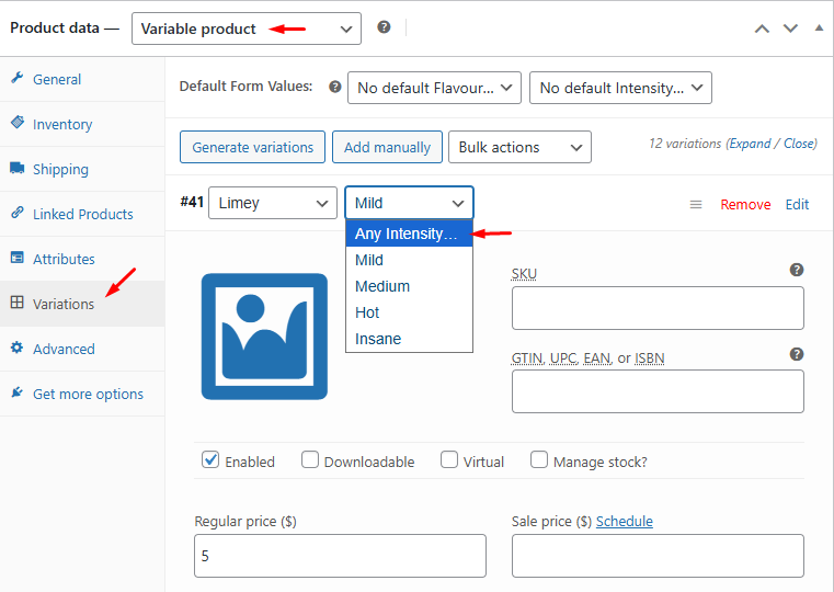 A WooCommerce variation editor with Flavour set to Limey and Intensity left as "Any Intensity"