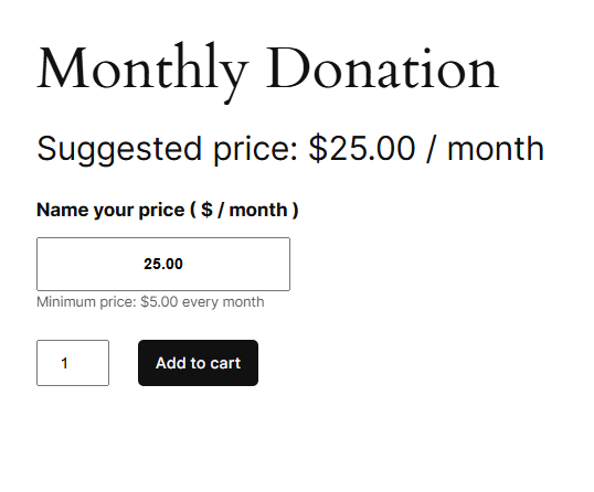 Front-end product page for a recurring donation product showing the price input, suggested and minimum price text, and subscription terms