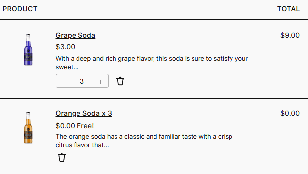 A cart containing Grape Soda at quantity 3 for 9.00 and a synced gift line reading "Orange Soda x 3" marked Free! at 0.00.
