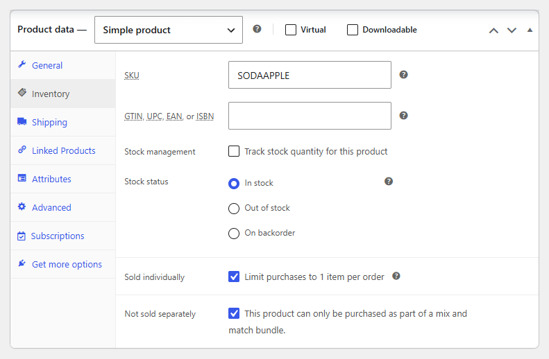 The Inventory tab of a WooCommerce product showing the "Not sold separately" checkbox enabled, with the description "This product can only be purchased as part of a mix and match bundle.