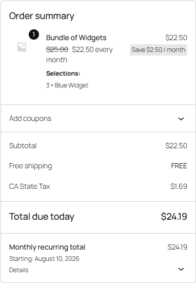 WooCommerce checkout order summary showing Bundle of Widgets at 22.50 every month, a total due today of 24.19, and a monthly recurring total of 24.19 starting August 10, 2026