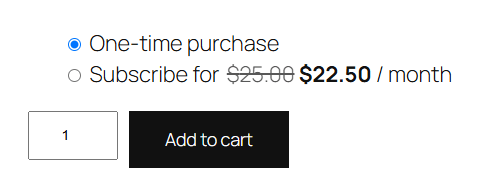 Mix and Match product page purchase control with a One-time purchase option and a Subscribe for 22.50 per month option, a quantity field, and an Add to cart button
